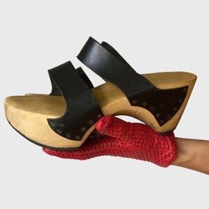 Y2K Vintage Trippen Germany Wood Clogs With Leather Black Straps Sandals 40